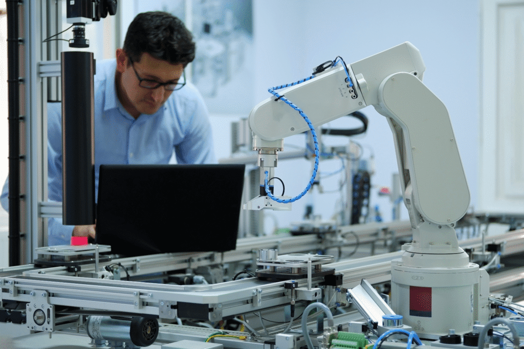 An automation systems integration specialist calibrates assembly machines