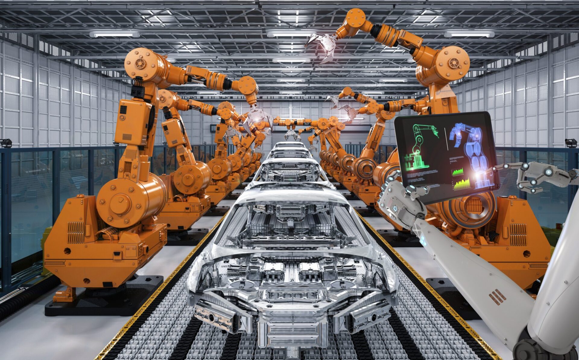 Several orange robotic arms are assembling cars on a conveyor belt