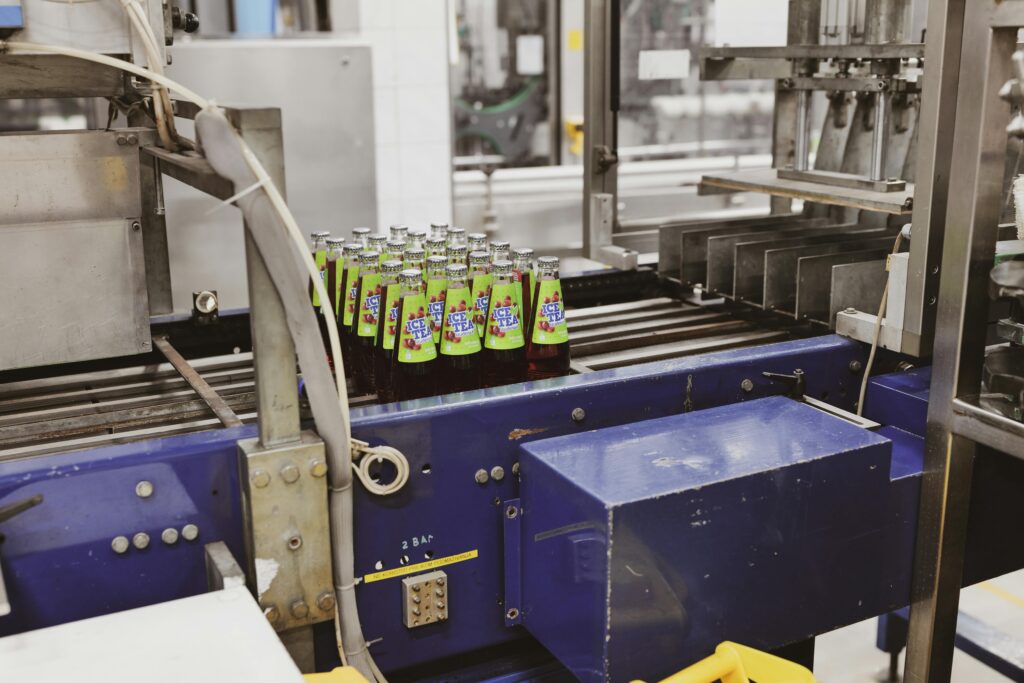 Bottles of iced tea on a production line